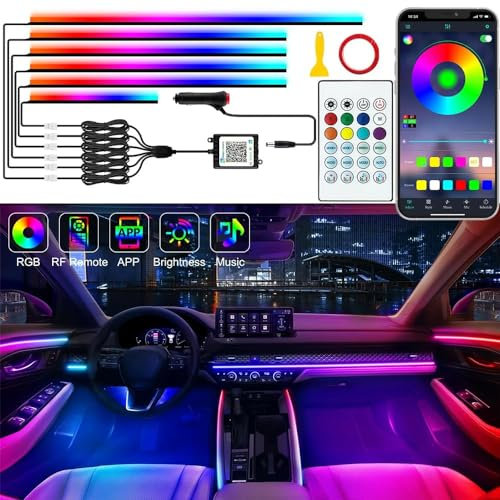 Defvnsy Auto LED Innenbeleuchtung, 6 in 1 RGB Auto Ambientebeleuchtung Neonbeleuchtung, 12V Acryl LED-Streifen Mehrfarbige Atmosphäre Licht, App-Steuerung, Universelle Autos Deko Innenraum