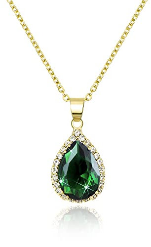 Linawe Emerald Crystal Chain Necklace for Women Trendy, Green Imitation Diamond Pendant, Cubic Zirconia Birthstone Rhinestone Teardrop, Preppy Dainty Boho Jewellery