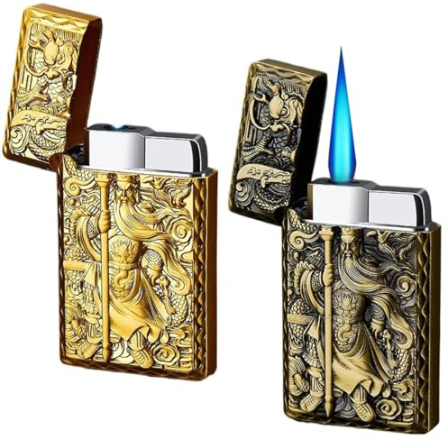 2er-Pack Jet-Fackel-Feuerzeug, nachfüllbar, Butan-Feuerzeug, Cooles Feuerzeug, verstellbares, winddichtes Feuerzeug (ohne Gas) (Color : Gold Figure+Bronze)