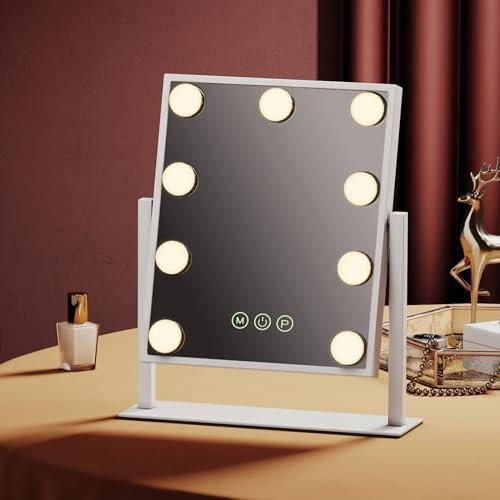 EMKE Hollywood Schminkspiegel mit Beleuchtung, 3 Lichtfarben Dimmbar 1X / 7X Spiegel mit Beleuchtung 360° Drehbar Schminkspiegel, 9 LED Licht Weiß Schminktisch Spiegel
