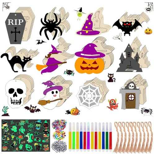 Halloween Bastelset Kinder, 60 Stück Holzanhänger zum Bemalen, Halloween Deko Basteln, Halloween Deko Holz,Halloween Crafts für Halloween Dekorationen