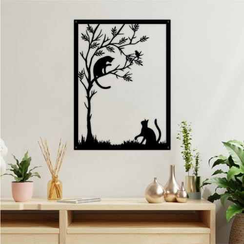 CatTerranM Katzen und Baum-Metallschilder, Metall-Wanddekoration mit schwarzer Katze, minimalistische Metall-Dekoration mit schwarzen Katzen für Einweihungsparty und Katzenliebhaber