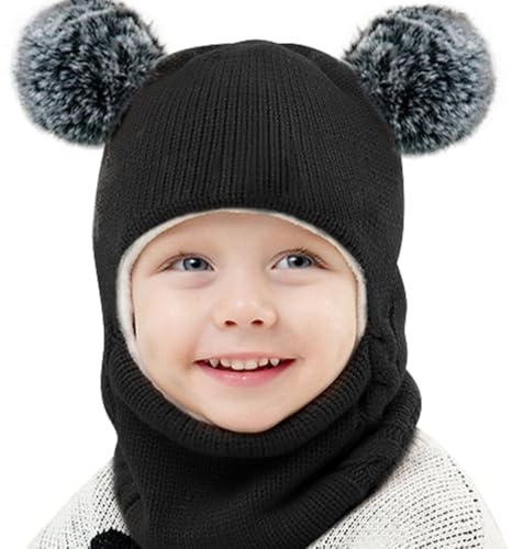 Casenly Baby balaclava, 3 i 1 varm vinterbabyhatt och halsduk, gömda öronhattar bebismössa mössa och halsduk, stickad barnmask, dubbel pompom, balaclava för flickor, pojke, svart, svart, 50