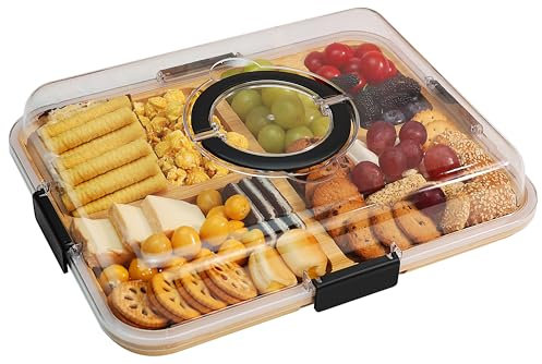 Renmxj Charcuterie Board with Clear Lid, Travel Portable Cheese Board Charcuterie Boxes Cutting Boards for Kitchen, House Warming Gifts New Home, Gifts for Women (4 Compartments Black)