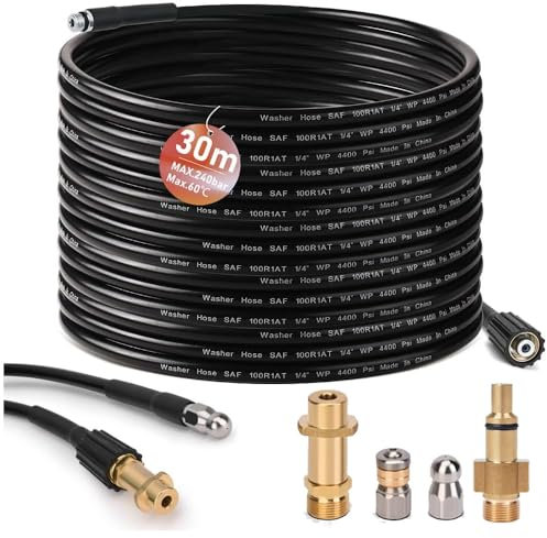 Rohrreinigungsschlauch 30m, mit M22 / Lavor Adapter, Düsen starr + rotierend, 240bar 60°C Rohrreinigungsset Geeignet für Kränzle Kärcher K2-K7 und Lavor, Hochdruckreiniger Hochdruckschlauch