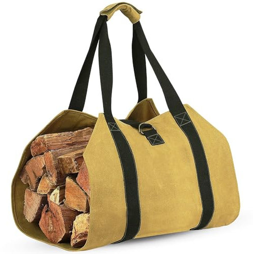 Softclub Firewood Carrier Bag with Handle, Heavy Duty Canvas Firewood Tote Bag 90 x 45 cm, Log Carrier for Fireplace, Outdoor, Camping -Yellow