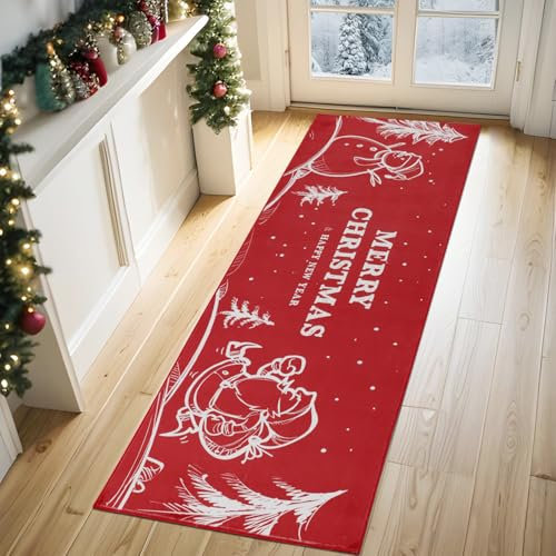 Weihnachtsteppich Läufer, weihnachtsteppich Weihnachts Teppich Läufer Flur Rutschfest, Waschbar Kurzflor Küchenläufer, Flurläufer Teppichläufer Innenbereich Badezimmer Küche Schlafzimmer Wohnzimmer