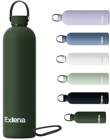 Exllena 1l Water Bottles Metal with Handle Lid and Carabiner, Double Wall Vacuum Drinks Bottle Keeps Drinks Cold 24 Hrs/Hot 12 Hrs, Stainless Steel Water Bottle BPA Free(Pine Green)