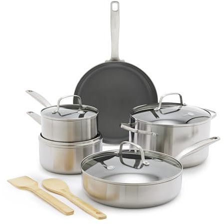 GreenPan Chatham 12 Piece Stainless Steel Cookware Set, Non-Toxic PFAS-Free Healthy Ceramic Nonstick, Dishwasher Safe, Oven Safe, Frypan Skillet Sauté Saucepan, Bamboo Utensils, Silver