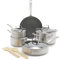 GreenPan Chatham 12 Piece Stainless Steel Cookware Set, Non-Toxic PFAS-Free Healthy Ceramic Nonstick, Dishwasher Safe, Oven Safe, Frypan Skillet Sauté Saucepan, Bamboo Utensils, Silver