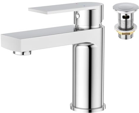 Aktines Waschtischarmatur für Badezimmer eckig, Hochdruck Einhebelmischer Armatur Wasserhahn für Waschbecken Bad W.C. mit Pop-Up Ablaufgarnitur aus Edelstahl in verchromt poliert