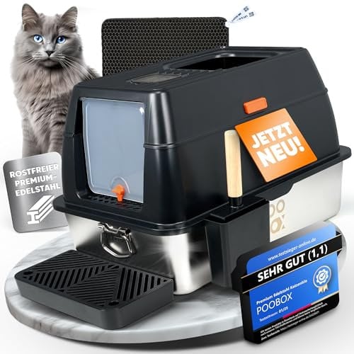POOBOX® Edelstahl Katzenklo mit Deckel, Katzentoilette Edelstahl geschlossen, 60x40cm, Katzenklo Metall mit Griffen, Stainless Steel Cat Litter Box, Set: Schaufel, Matte & Stufe, Einstieg oben,schwarz