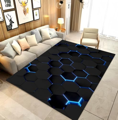 LOMDEM Neon Geometrischer Punk Gaming Teppich für Jugendzimmer - Flanellteppich mit Hexagon-Design, ideal für Jungen Teenager Schlafzimmer, Gaming Zimmer & Gamer Setup, 140x200 cm, Multi 6