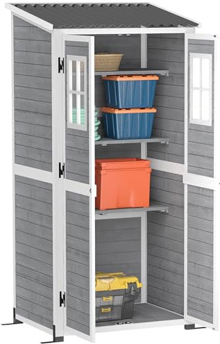 Outsunny Cabane à Outils en Bois d'épicéa avec 2 fenêtres et étagères réglables, cabane à Outils verrouillable, Toit incliné pour terrasse, 91x69x192cm, Gris Clair