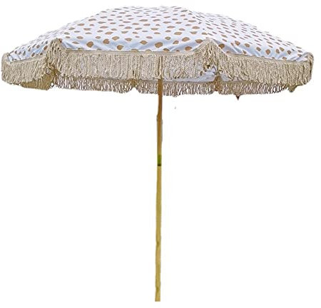 2 m beigefarbener Strandschirm mit Quaste, Retro-Gartenschirm aus Holz, ohne Sockel