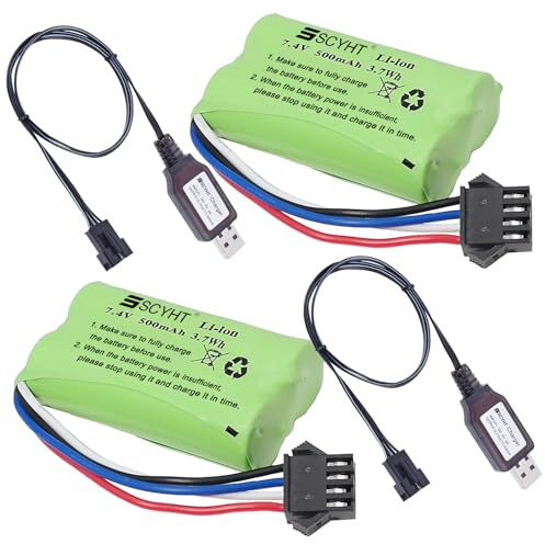 SSCYHT 7,4 Volt SM-4p Lithiumbatterie 7,4 V 500 mAh Wiederaufladbare Batterien 7,4 V Li-Ionen-Batterie SM-4p RC-Autobatterien für 3,7 W Motorkit mit Adapterkabeln,7.4v500mah 2pack