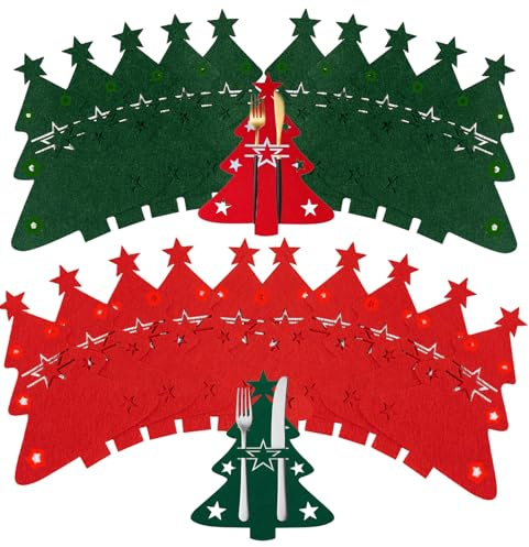 Spldsun 20 Pezzi Portaposate Albero di Natale, Portaposate Natale Borsa, Porta Posate Feltro Natale, modello di albero di Natale, per Decorazioni Natalizie con Coltello Forchetta (Rosso e Verde)