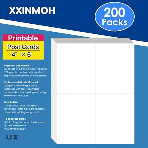 XXINMOH 200 Laser/Inkjet Printable Blank Postcards 4 Per Page, Each Card 4.25 x 5.5, White Blank Postcards for Laser Printers (200 White Matte Cards)