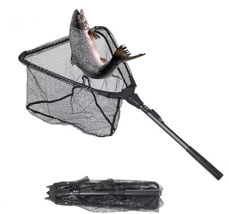 90cm Aluminiumlegierung Teleskopstange Kescher Angeln Angelkescher, Faltbar Zusammenklappbar Gummiert Unterfangkescher Karpfenkescher Sicheres Fangen & Freilassen für Forellenangeln, Karpfen, Salmon