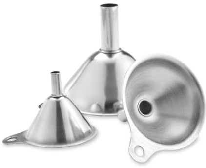 DEARMAMY 3pcs Stainless Steel Kitchen Funnels with Built Strainers for Cooking Oil Soy Sauce Liquid Transfer Practical Ring Handle Design for Easy Holding and Hanging Polished Surface Home