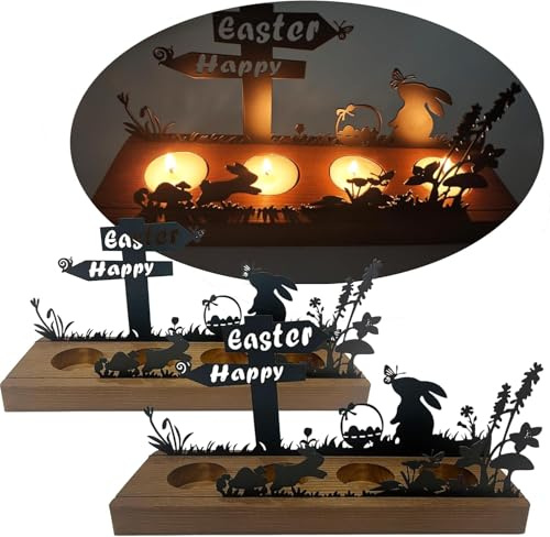 Osterdeko Kerzenständer aus Holz & Eisen - 4er Teelichthalter mit Osterhase & Eier-Motiv, Modernes Osterdeko Innen, Frühlingsdeko Ostern Tischdeko, Ostergeschenk Idee,2er Set