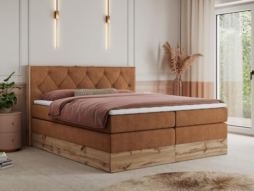 MKS MEBLE King Boxspringbett 200x200 mit Kopfteil und Bettkasten, Polsterbett mit Matratze H3 und Topper Visco, Wotan Eiche Dekor - Orange Strukture - Veneto King