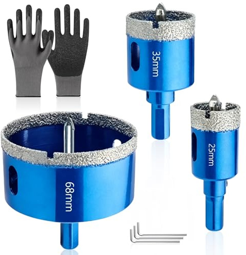 SneiDr Sega A Tazza Diamantata Set 3pcs 25 35 68mm Con Punta Di Centraggio | Punte Diamantate Gres Porcellanato Attacco Triangolare 9.8mm 3 Chiavi Allen Guanti Protettivi Per Marmo Granito Quarzo