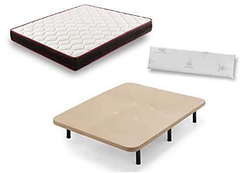 HOGAR24 Colchón Viscoelástico Reversible Memory Fresh 3D + Base TAPIZADA con VÁLVULAS DE TRANSPIRACIÓN con Patas DE 26CM + Almohada 100% viscoelástica 135x190cm