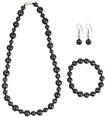 Heka Naturals Schungit Kristall Bella Halskette, kleine Kugel-Ohrringe und dehnbares Armband 3er Set | Spiritueller Chakra-Schmuck - Natürlicher trendiger Shungit-Schmuck zum Schutz