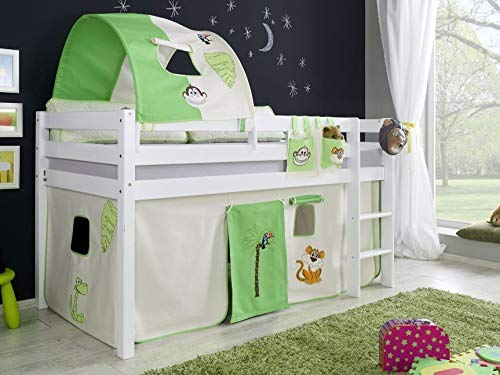 Froschkönig24 Hochbett Alex Kinderbett Spielbett Bett Weiß Stoffset Dschungel, Matratze:ohne