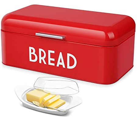 Flexzion Metal Red Bread Box for Kitchen Countertop, Vintage Bread Holder for Rustic Kitchen, Bagel Bin Loaf Storage Keeper, Sliced Bread Container with Butter Dish and Butter Knife