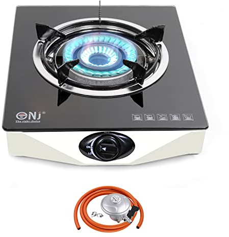 NJ NGB-S1 Gas Stove 1 Burner Gas Cooker Tempered Glass with Safety Device LPG + Gas Regulator Set (Butane 21mm Clip-on)
