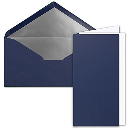 25x Faltkarten-Set DIN Lang inkl. Briefumschlägen mit silbernem Seidenfutter und weißen Einlegeblättern in Dunkelblau (Blau) - 10,5 x 21 cm - für Einladungen und Grußkarten