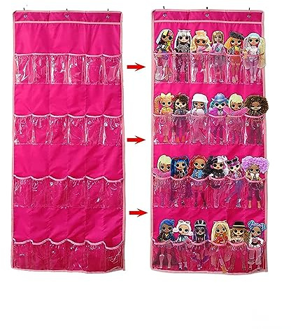 AXLOFO Kids Toy Storage Bag, LOL Toys Storage Organiser, Over the Door Hanging - for Carrying Travel, 24 Clear Pockets, Roll-Up for Small Dolls (pink)