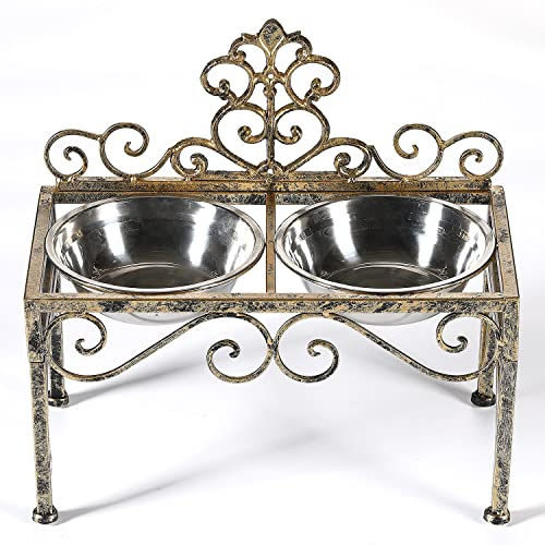 Elevated Dog Bowls for Large Dogs, Metal Raised Dog Feeder, Lifted Dog Dish Stand with Double Stainless Steel Bowls for Food and Water, Antique Gold Finish Tall Dog Bowl Stand - Height 8.78