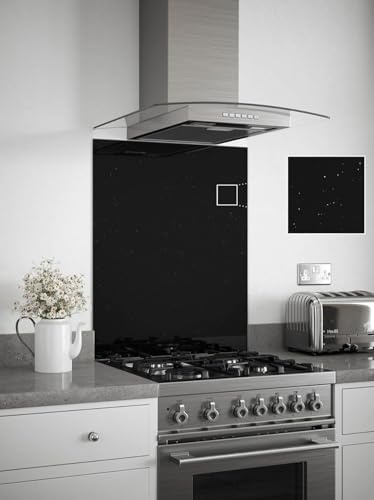 Generic Toughened Glass Kitchen Splashback, Black Sparkle 600mm x 750mm | Handmade in the UK with 6mm thickness, self-adhesive backing for peel-and-stick installation, plus a 5-year guarantee.