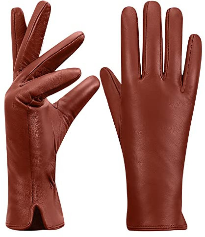 MGGMOKAY Damen Lederhandschuhe Touchscreen Kaschmir gefüttert,Rötlich-braun,L