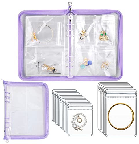 Travel Jewelry Organizer Transparent Jewelry Storage Book Set with Pocket Traveling Necklace Earring Organizer with Zipper for Ring, Bracelets, Stud (120 Grids +75 Thicken PVC Zipper Bags, Purple)
