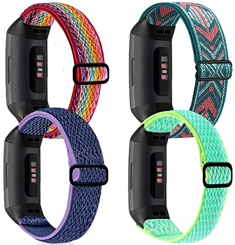 4 Stück dehnbares Armband, kompatibel mit Fitbit Charge 4 Bändern, Nylon-Ersatzbänder, elastisches Charge 3 Armbänder für Damen und Herren