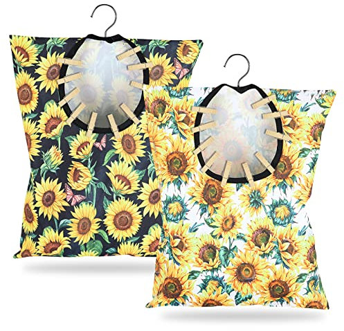2 Pcs Sunflower Clothes Pin Bag Clothespin Holder 15 X 11 Inch Clothes Pin Hanging Bag with Hanging Hook Waterproof Clothes Line Bag Clothes Pin Storage Organizer for Outdoor Wardrobe and Laundry Room