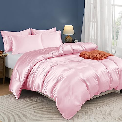 Horbaunal 5-teiliges Satin-Bettbezug-Set für Queen-Size/volle Größe, Blush Pink, Bettbezug mit Eckbändern und Reißverschluss, luxuriöses und seidiges Bettwäsche-Set, 1 Bettbezug und 4 Kissenbezüge