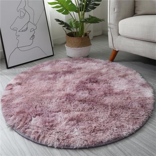 Hiseng Teppich Rund Schlafzimmer Teppich Modern Flauschiger Waschbar, Hochflor Plüsch Weicher Teppich Wohnzimmer für Innen Wohnzimmer Kinderzimmer (130cm,Rosa-violetter Farbverlauf)