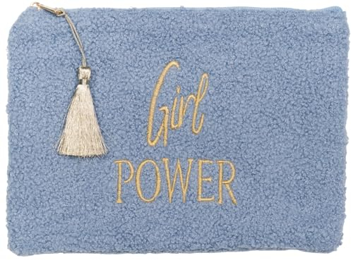 styleBREAKER Damen Beautybag Girl Power in Teddy Optik, Kosmetiktasche, Fleece Make Up Bag, Taschen Organizer 02013034, Farbe:Blau