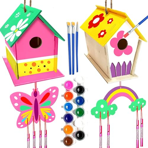 Fadcaer 2 Pack DIY Birdhouse Kit with Wind Chime, Wooden Arts for Kids, Wooden Birdhouse for Children to Paint and Build with Paints, Brushes, Bird House Crafts for Girls Boys Children's Day Gift