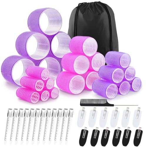 JOISHOP 50pcs Bigoudis avec Clips, Jumbo Grands Moyens Petits Rouleaux Velcro pour Volume de Cheveux Gros Bigoudis Rouleaux pour Cheveux Longs Moyens Courts Coiffure DIY (Violet, Rose Rouge)