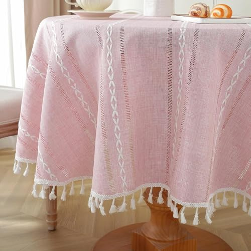 meioro Böhmische Runde Tischdecke für Küche Dekoration, 120cm Makramee Tischtuch mit Quasten, Kreis Leinen Tischwäsche, Gestreifte Tafeldecke Mesh Tischdecken für Esstisch Tabletop Dekor (Rosa)