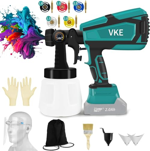 VKE Akku Farbsprühsystem für Makita 18v Akku, 800W 1000ML Farbsprühgerät, Lackierpistole Elektrisch mit 5 Düsen, 3 Spritzmuster, Schutzmaske und Organizer zum Streichen von Wänden(ohne Akku)