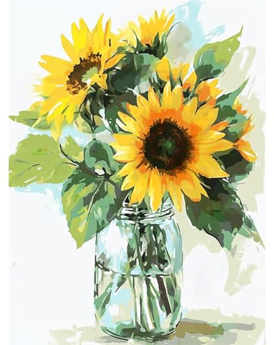 Pujeknm Malen Nach Zahlen Erwachsene Sonnenblume-DIY Vasenblume Handgemalt Ölgemälde Kit für Anfänger, Mit 3-Pinseln und Acrylfarbe Blume Handgemalt öLgemäLde Kit Als Geschenk 30x40cm (Rahmenlos)