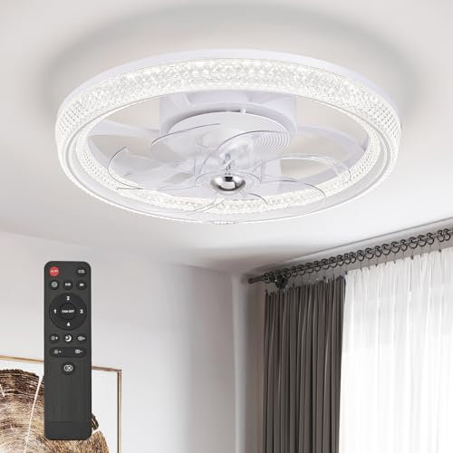 UNRRYI Reversible Crystal Ceiling Fans with Lights 50CM Bladeless Modern LED Ceiling Fan 3000-6500K Dimmable Low Profile Flush Mount Ceiling Fans with Lamps Smart Flush Mount