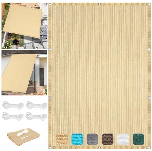 Schattierungsnetz mit Ösen 4.5 x 6 m Windschutz Sonnendach Markise Uv-Schutz 98% Reißfest Ohne Bohren inkl Befestigungsseile für Carport Pflanze Pergola Zaun Außen, Creme Farben